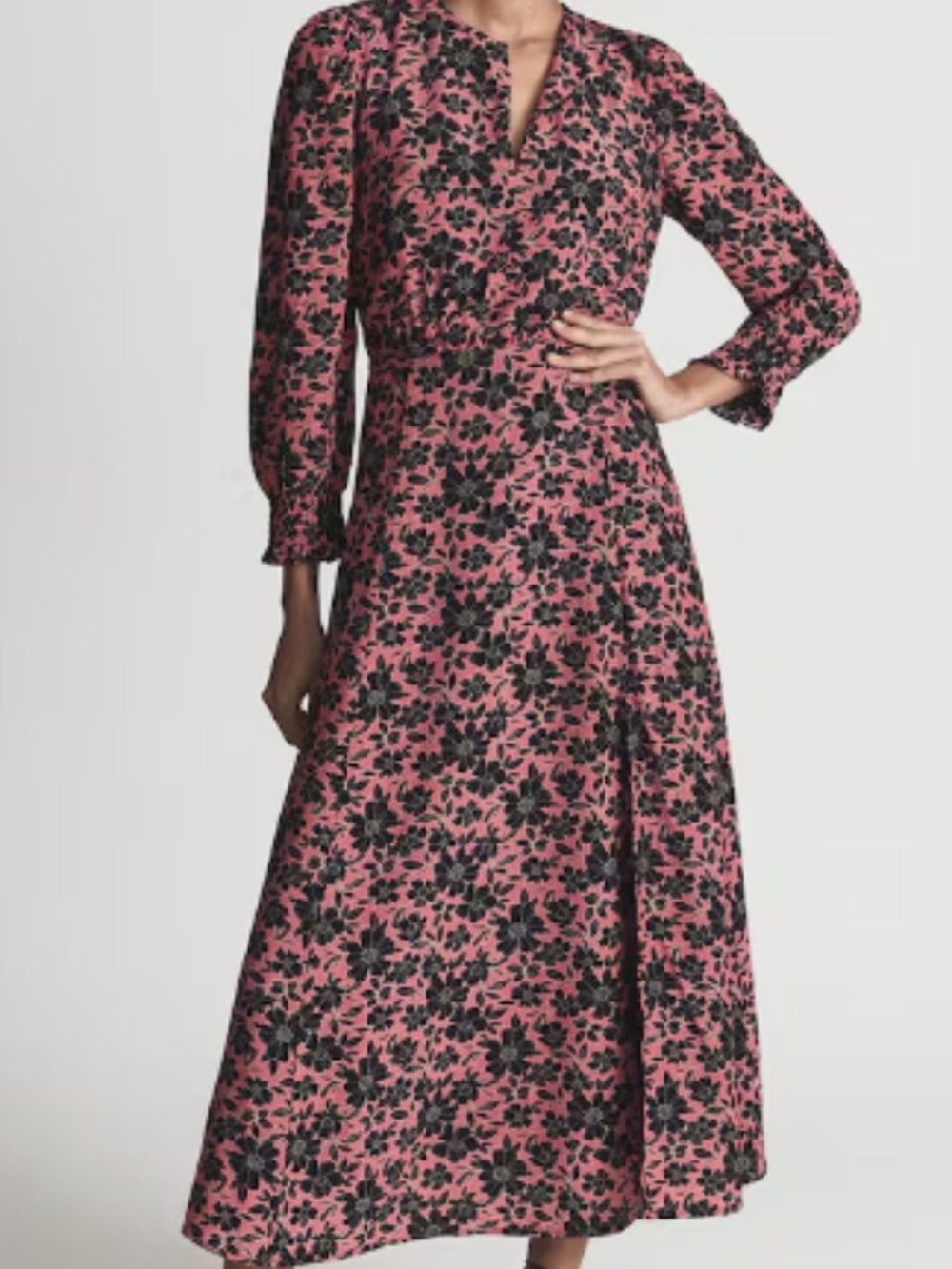 REISS Mayzie Midi Dress Floral Print Pink Size 8 Boho Casual Chic